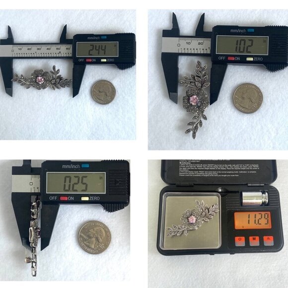 VTG Sterling Silver 925 Marcasite & Round Pink CZ Flower Leaf Foliage Brooch - Picture 10 of 16